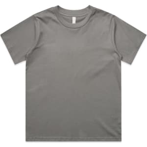 A grey T-shirt with a plain design and a label inside. It features a logo at the neckline.