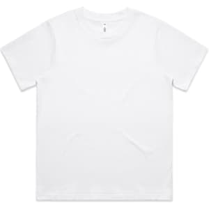 A plain white T-shirt featuring short sleeves and a logo on the label.