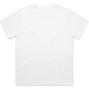 A plain white t-shirt with short sleeves, featuring a smooth, unembellished back. It has a small branding logo.