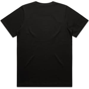 A black T-shirt featuring a smooth back design, with short sleeves and a classic fit. It has a logo.