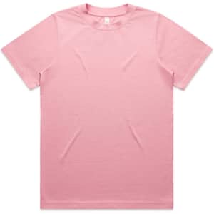 A pink T-shirt with short sleeves and a crew neckline, featuring a simple design and a branding logo.