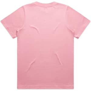 A pink heavy cotton T-shirt with a plain back design. It features a logo on one side.