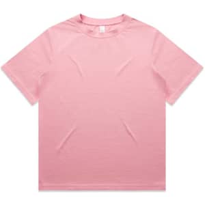 A pink heavy tee shirt with a simple design and a logo on the label.