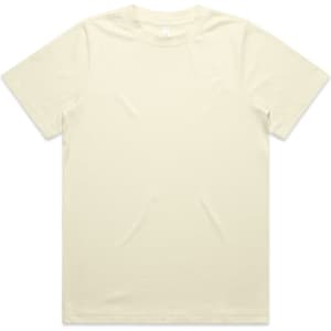 A pale yellow T-shirt with short sleeves, featuring a simple design and a logo on the label.