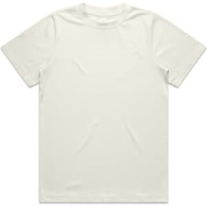 A plain, cream-coloured T-shirt with a round neck and short sleeves. It features a logo on the label.