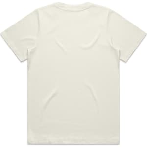 A plain white T-shirt with a rounded neckline and short sleeves, featuring a small logo on the back.
