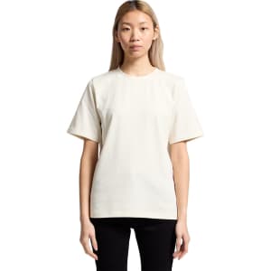 A cream-coloured T-shirt with short sleeves, featuring a simple design and a logo on the front.