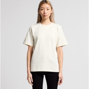 A light cream t-shirt featuring short sleeves and a crew neck, with a logo on the front.