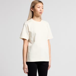 A light cream t-shirt with short sleeves and a relaxed fit, featuring a brand logo.