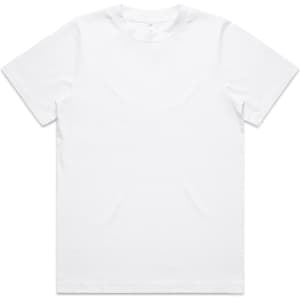 A white t-shirt with a classic crew neck design and short sleeves, featuring a logo.
