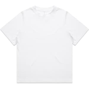 A white heavy t-shirt featuring a simple design and a logo on the side.