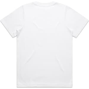 A white T-shirt featuring a standard crew neckline and short sleeves, with a logo on the back.