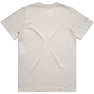 A faded tee in a light colour with a plain back. The fabric has a relaxed texture, featuring a logo.