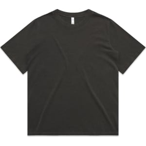 A dark faded t-shirt with a classic short-sleeve design and a label inside. It features a subtle logo.