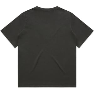A faded black t-shirt with short sleeves and a casual fit, featuring a logo on the back.