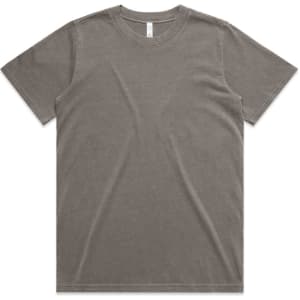 A heavy faded green t-shirt with a crew neck, featuring a logo.