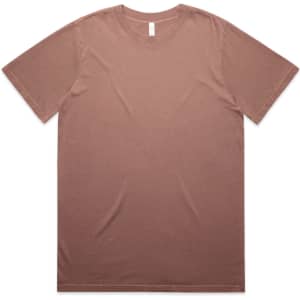 A brown heavy faded t-shirt with short sleeves and a crew neck. It features a logo on the label.