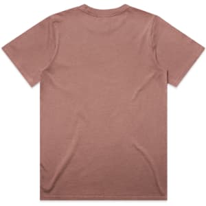 A faded taupe t-shirt with a plain back and short sleeves, featuring a branding logo.