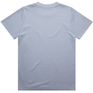 A pale blue t-shirt featuring a basic crew neckline and short sleeves, with a branding logo on the back.