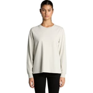 A light grey long-sleeve t-shirt with a relaxed fit and a logo visible on the garment.