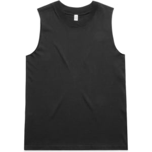 A heavy faded black tank top with wide armholes and a simple design, featuring a logo.