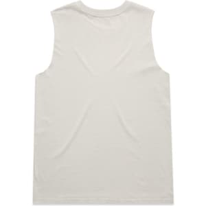 A light beige, heavy faded tank top with a sleeveless design and a plain back. Features a logo.