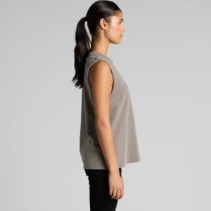 A faded grey tank top with a loose fit and sleeveless design, featuring a subtle logo on the fabric.