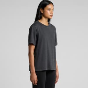 A grey stone wash heavy t-shirt with a relaxed fit, featuring a simple design and short sleeves.