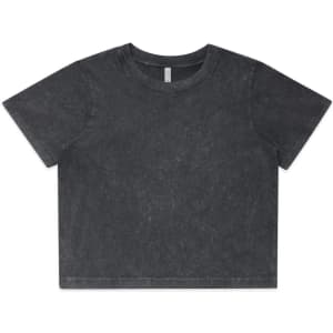 A heavy crop tee in stone wash black with a simple design, featuring a logo on the label.