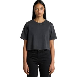 A heavy cropped tee in stone wash black, featuring short sleeves and a relaxed fit. The top has a logo.