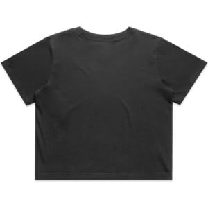 A black cropped T-shirt with short sleeves, featuring a simple back design and a logo.