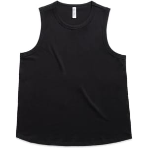 A black singlet tank top with a round neckline and a slight curved hem, featuring a logo.