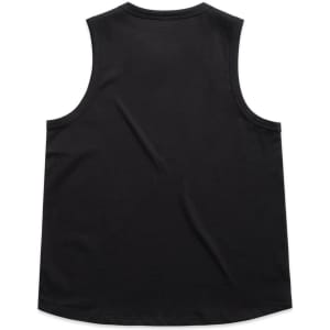A black sleeveless tank top with a rounded hem and a simple back design. Features a branding logo.