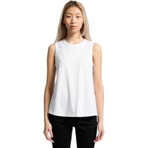 A white sleeveless tank top with a relaxed fit, featuring a simple design and a logo on the front.