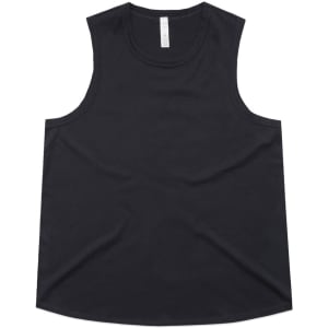 A black singlet tank top with a rounded hem, featuring a label at the neckline and a logo on the side.