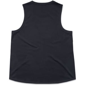 A black singlet tank top with a rounded neckline and sleeveless design. It has a subtle branding label.