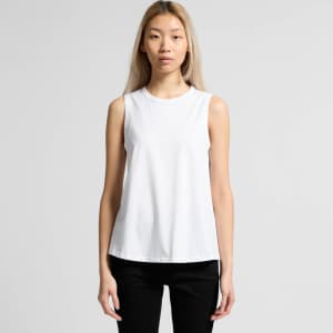 A sleeveless white tank top with a straight cut, featuring a simple design and a logo.