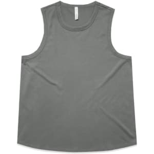 A grey singlet tank top with a rounded hem and a tag at the neck. It features a branding logo.