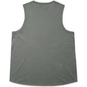 A sleeveless tank in a muted green colour with a simple design and a branding logo on the back.