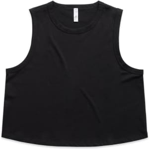 A black crop tank top with a round neckline and a loose fit. It features a subtle logo on the label.