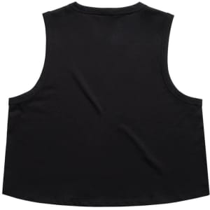 A black crop tank top with a sleeveless design and a round neckline, featuring a branding logo.