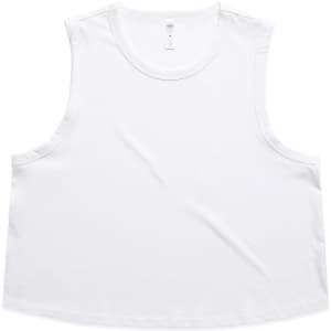A white crop tank top with a round neckline and sleeveless design. Features a logo on the label.