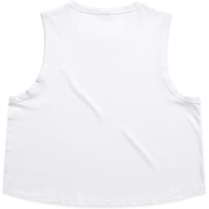 A white crop tank top with wide armholes and a relaxed fit, featuring no visible branding.
