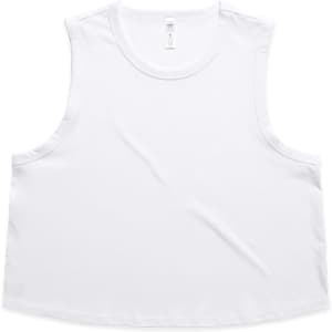 A white crop tank top with a relaxed fit and a logo. Suitable for casual wear or layering.