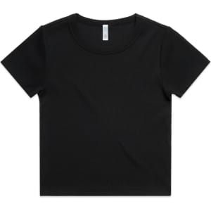 A black organic rib t-shirt featuring a crew neckline and short sleeves. The shirt has a logo on the label.