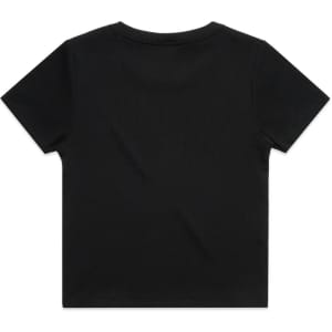 A black organic rib tee with short sleeves and a round neckline. It features a logo on the back.