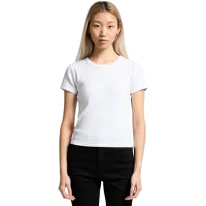 A fitted white ribbed T-shirt with short sleeves, displayed on a model against a plain background.