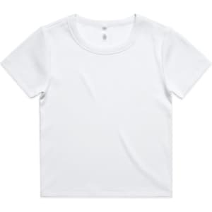 A white organic ribbed T-shirt featuring a round neckline and short sleeves, with a logo label.