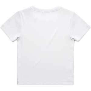 A white children's organic ribbed t-shirt with short sleeves and a plain back view. It features a brand logo.