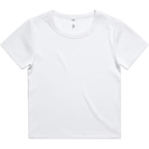 A white short-sleeved organic rib tee with a round neckline and a small logo.